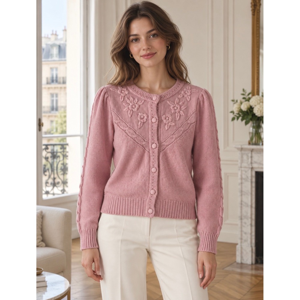 Joie Pink Floral Embroidered Cable Knit Button Front Cardigan Sweater Medium